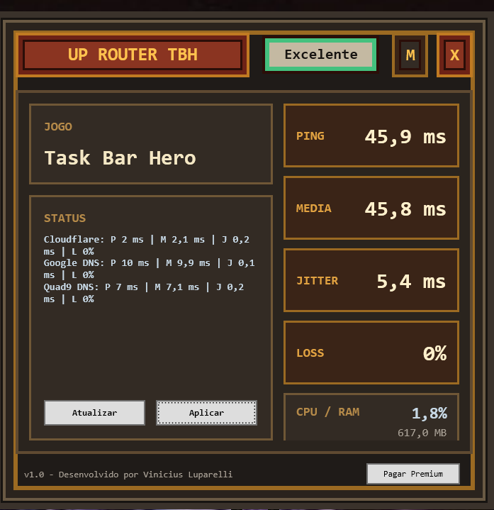 Tela do UpRouter TBH antes da melhoria, com ping de 45,9 ms